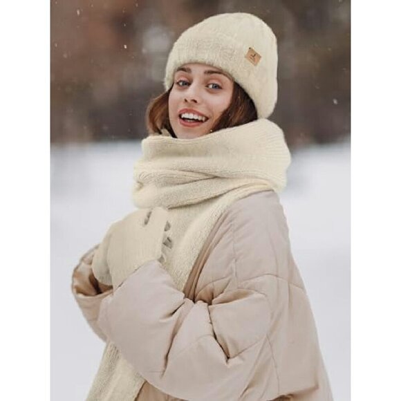 Warm Fleece Knit Hat Scarf Gloves Set Touch Screen Winter Accessories main image 4